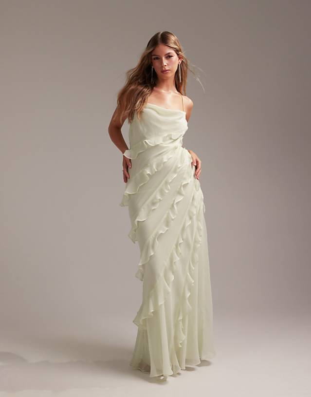 asos ASOS DESIGN Bridesmaids ruffle cami bias maxi dress in light green