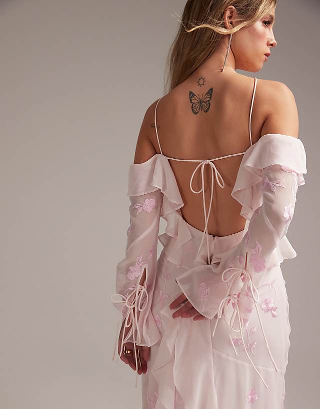 Asos ASOS DESIGN Bridesmaids Ruffle Cold Shoulder Maxi Dress In Soft Pink