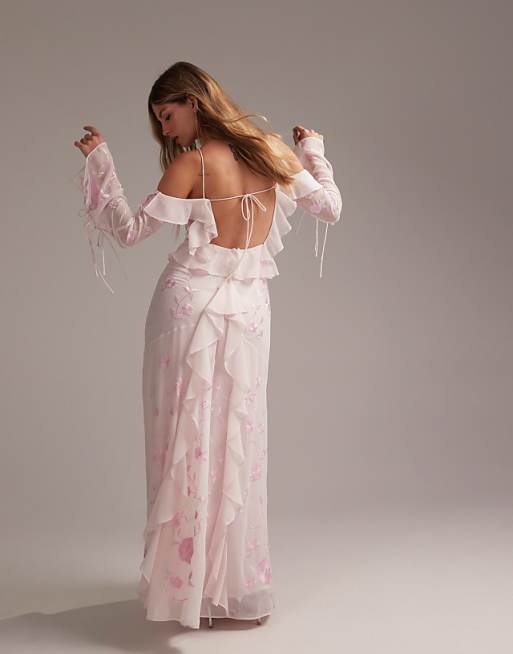 Asos ASOS DESIGN Bridesmaids Ruffle Cold Shoulder Maxi Dress In Soft Pink