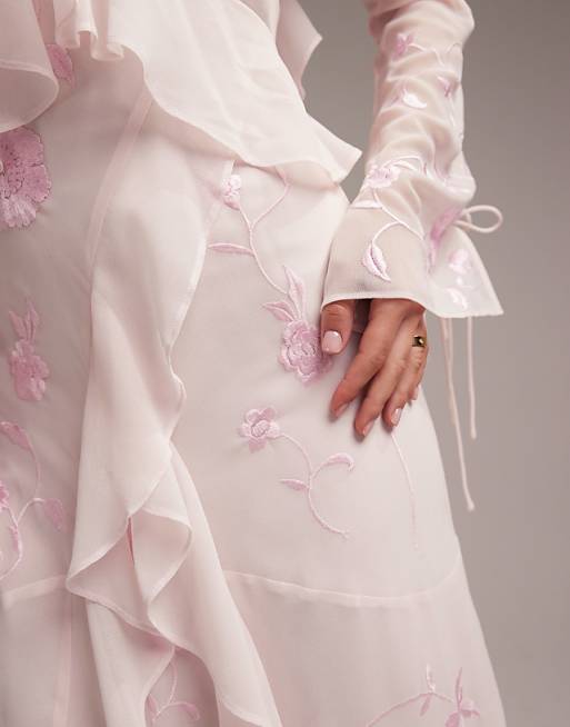 Asos ASOS DESIGN Bridesmaids Ruffle Cold Shoulder Maxi Dress In Soft Pink