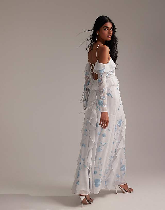 Asos ASOS DESIGN Bridesmaids Ruffle Cold Shoulder Maxi Dress In Light Blue