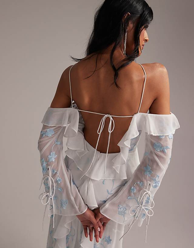 Asos ASOS DESIGN Bridesmaids Ruffle Cold Shoulder Maxi Dress In Light Blue