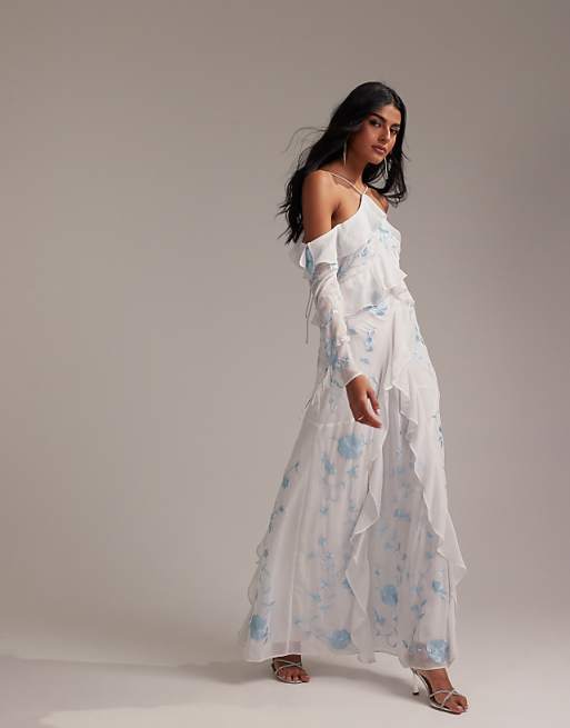 Asos ASOS DESIGN Bridesmaids Ruffle Cold Shoulder Maxi Dress In Light Blue