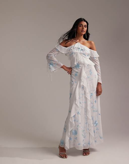 asos ASOS DESIGN Bridesmaids ruffle cold shoulder maxi dress in light blue