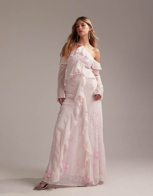 asos ASOS DESIGN Bridesmaids ruffle cold shoulder maxi dress in soft pink
