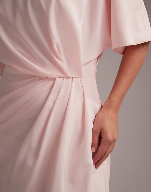 Asos ASOS DESIGN Bridesmaids Slash Neck Crepe T-shirt Sleeve Minimal Drape Maxi Dress In Soft Pink
