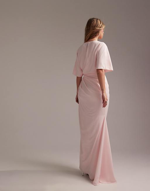 Asos ASOS DESIGN Bridesmaids Slash Neck Crepe T-shirt Sleeve Minimal Drape Maxi Dress In Soft Pink