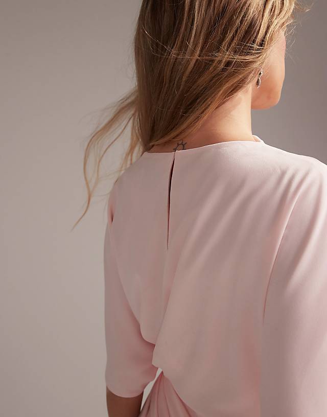 Asos ASOS DESIGN Bridesmaids Slash Neck Crepe T-shirt Sleeve Minimal Drape Maxi Dress In Soft Pink