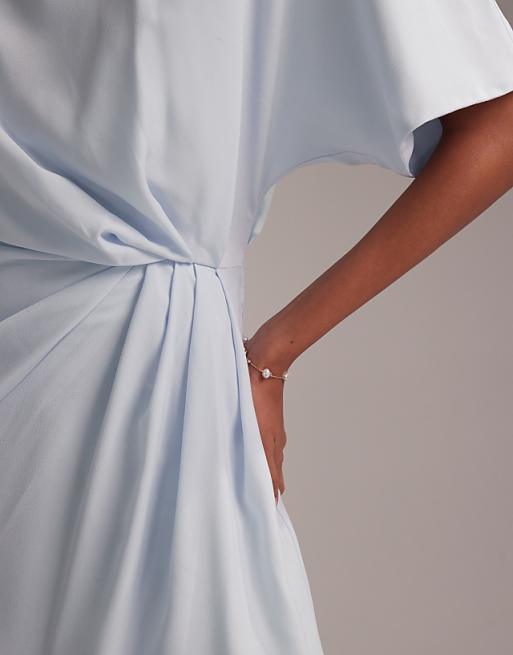 Asos ASOS DESIGN Bridesmaids Slash Neck Crepe T-shirt Sleeve Minimal Drape Maxi Dress In Light Blue