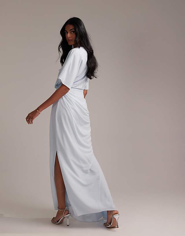 Asos ASOS DESIGN Bridesmaids Slash Neck Crepe T-shirt Sleeve Minimal Drape Maxi Dress In Light Blue