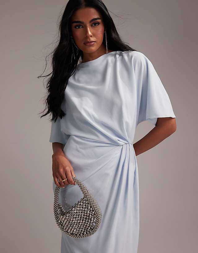 Asos ASOS DESIGN Bridesmaids Slash Neck Crepe T-shirt Sleeve Minimal Drape Maxi Dress In Light Blue