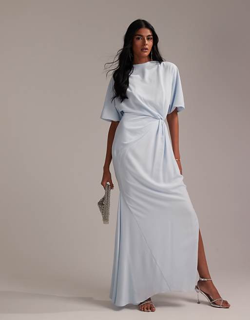 asos ASOS DESIGN Bridesmaids slash neck crepe t-shirt sleeve minimal drape maxi dress in light blue