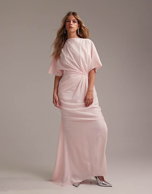 asos ASOS DESIGN Bridesmaids slash neck crepe t-shirt sleeve minimal drape maxi dress in soft pink