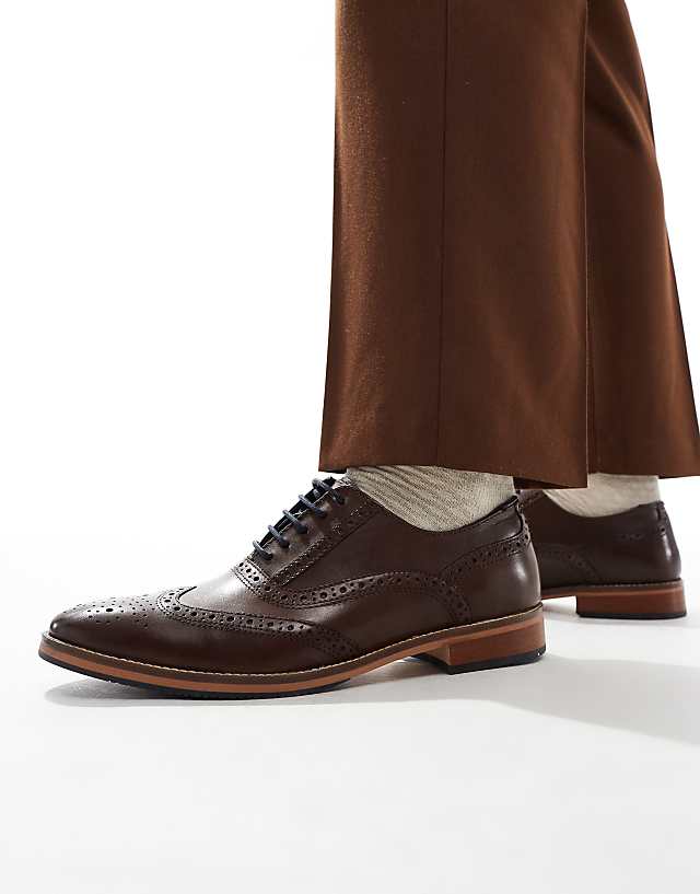 asos ASOS DESIGN brogue shoes in brown leather with natural sole and colour details