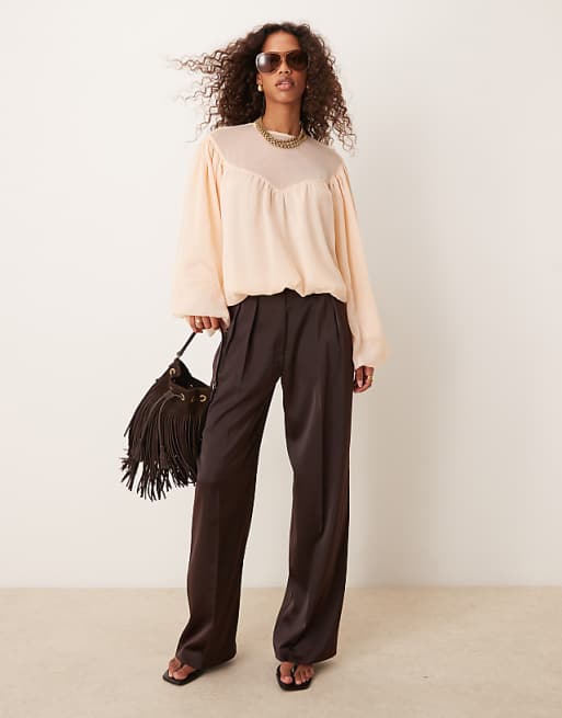 Asos ASOS DESIGN Bubble Hem Top With Sheer Yoke Detail In Peach