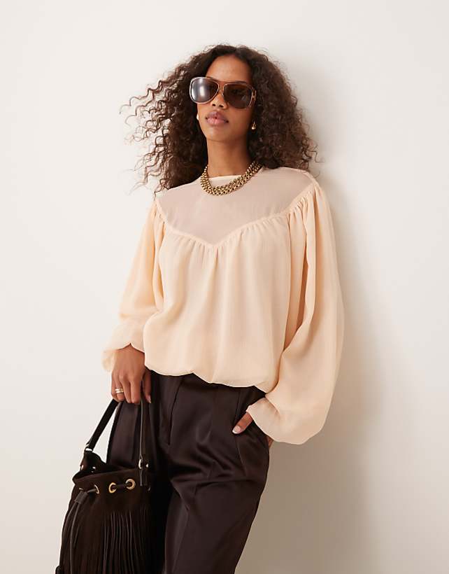 asos ASOS DESIGN bubble hem top with sheer yoke detail in peach