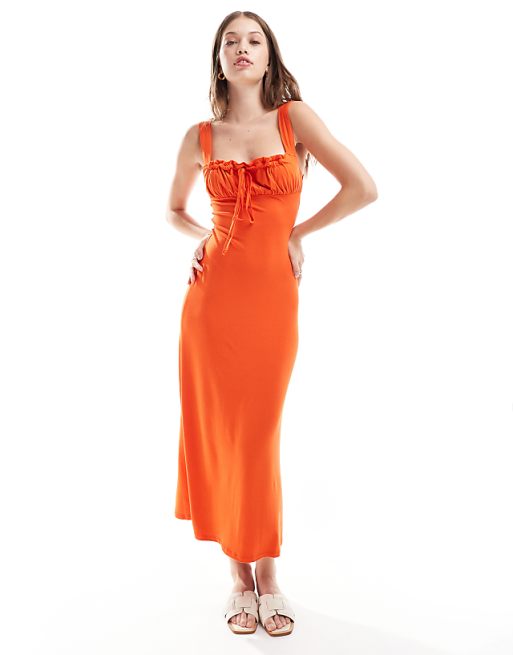 Asos ASOS DESIGN Cami Ruched Bust Midi Dress With Tie Front In Red