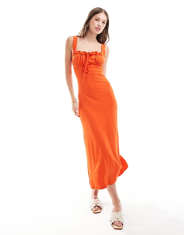 asos ASOS DESIGN cami ruched bust midi dress with tie front in red