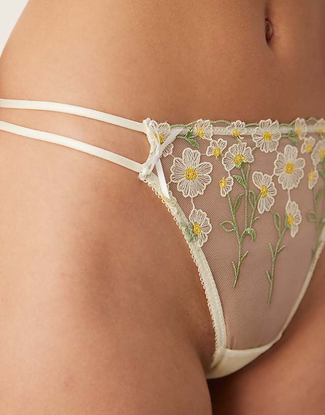 Asos ASOS DESIGN Camille Premium Daisy Embroidery Tanga Thong In Yellow
