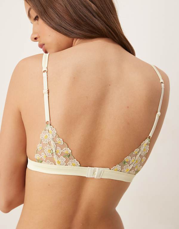 Asos ASOS DESIGN Camille Premium Daisy Embroidery Triangle Bra In Yellow