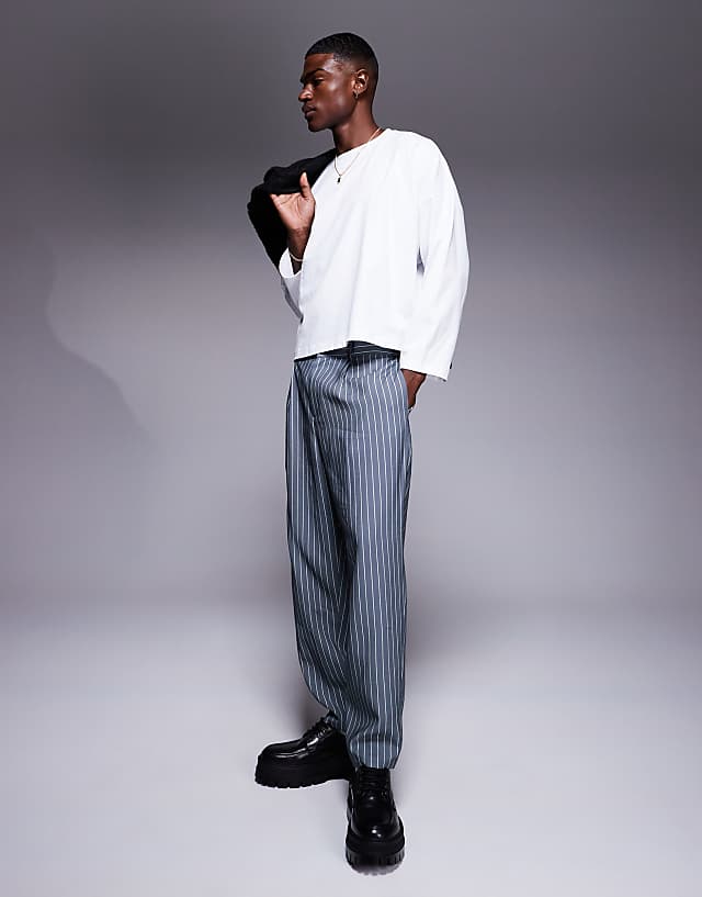 asos ASOS DESIGN carrot fit smart trousers in grey pinstripe
