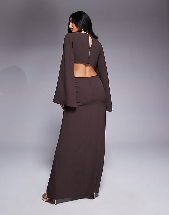 Asos ASOS DESIGN Channel Detail Cutout Long Sleeve Maxi Dress In Chocolate