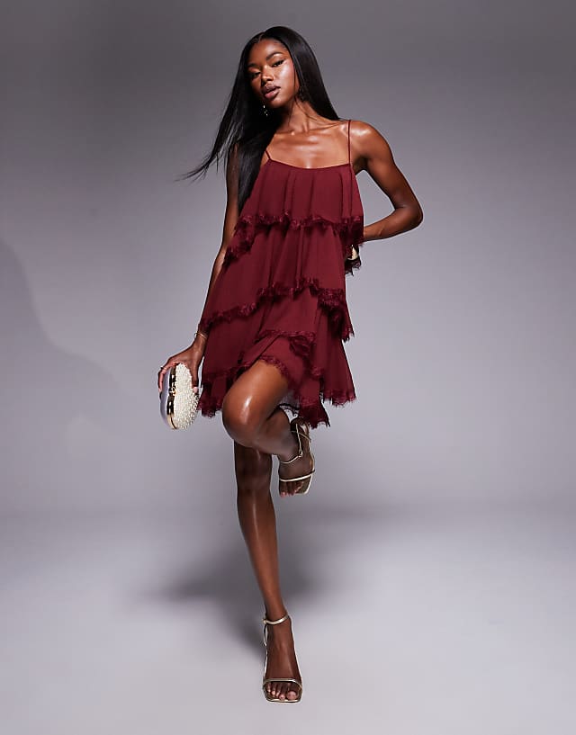 Asos ASOS DESIGN Chiffon And Lace Mix Tiered Ruffle Mini Dress In Dark Cherry