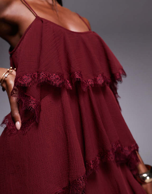 Asos ASOS DESIGN Chiffon And Lace Mix Tiered Ruffle Mini Dress In Dark Cherry
