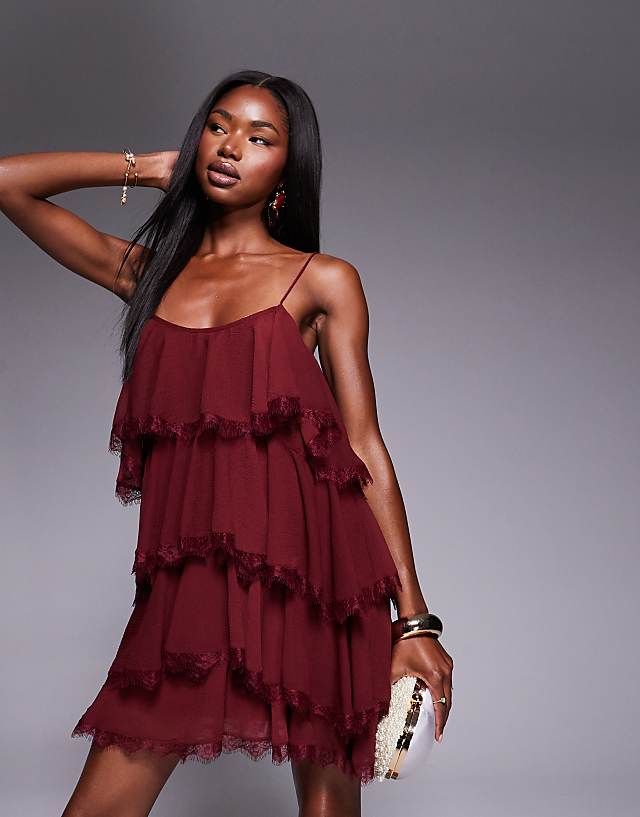 asos ASOS DESIGN chiffon and lace mix tiered ruffle mini dress in dark cherry