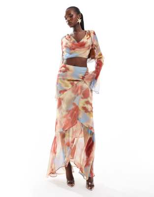 Asos ASOS DESIGN Chiffon Bias Maxi Skirt & Cowl Neck Top Co-ord In Blurred Print
