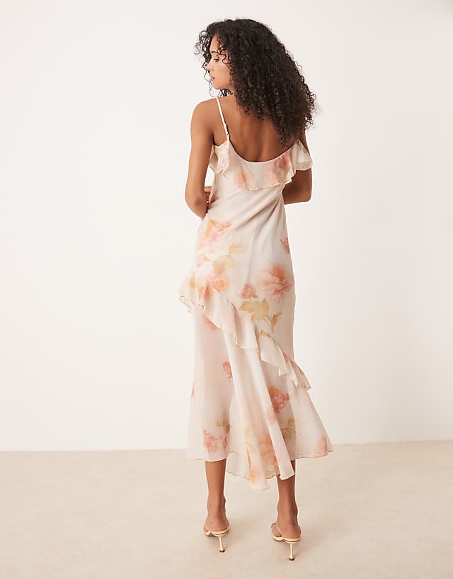 Asos ASOS DESIGN Chiffon Ruffle Asym Hem Maxi Dress In Vintage Floral