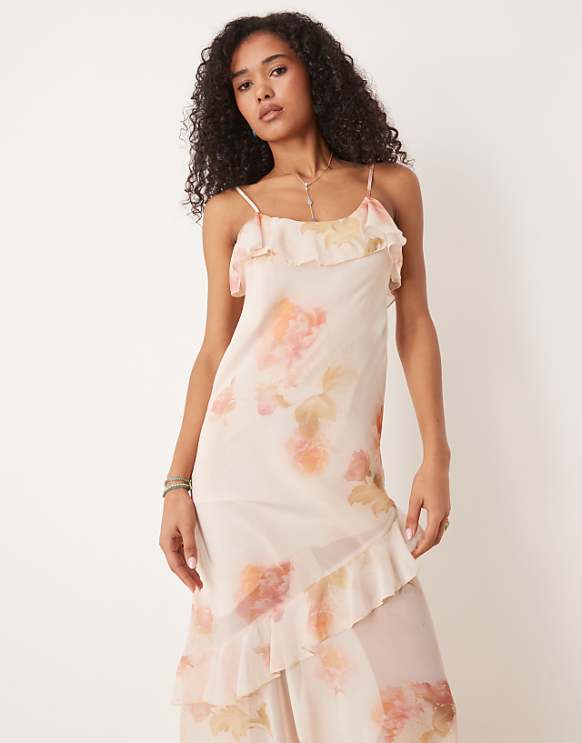 Asos ASOS DESIGN Chiffon Ruffle Asym Hem Maxi Dress In Vintage Floral