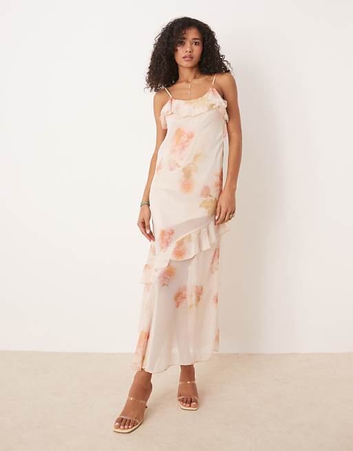 asos ASOS DESIGN chiffon ruffle asym hem maxi dress in vintage floral