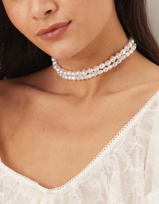 asos ASOS DESIGN choker necklace with faux freshwater pearl layer detail