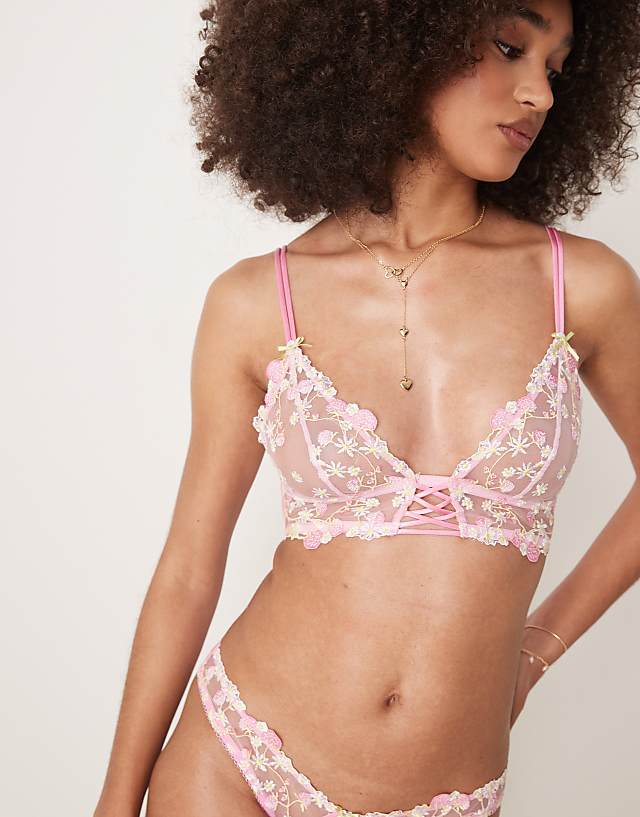 asos ASOS DESIGN Cleo premium embroidery longline soft bra in pink