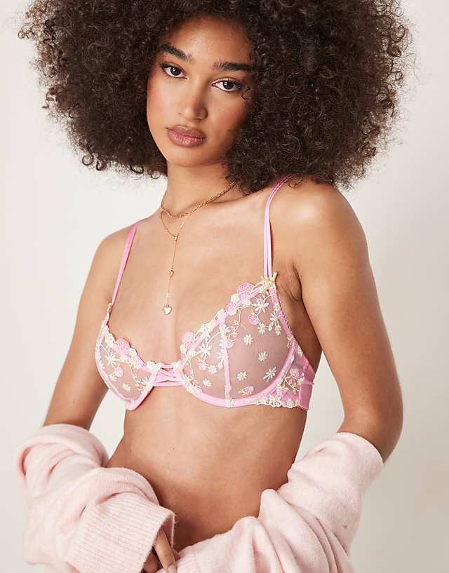 asos ASOS DESIGN Cleo premium embroidery underwired bra in pink