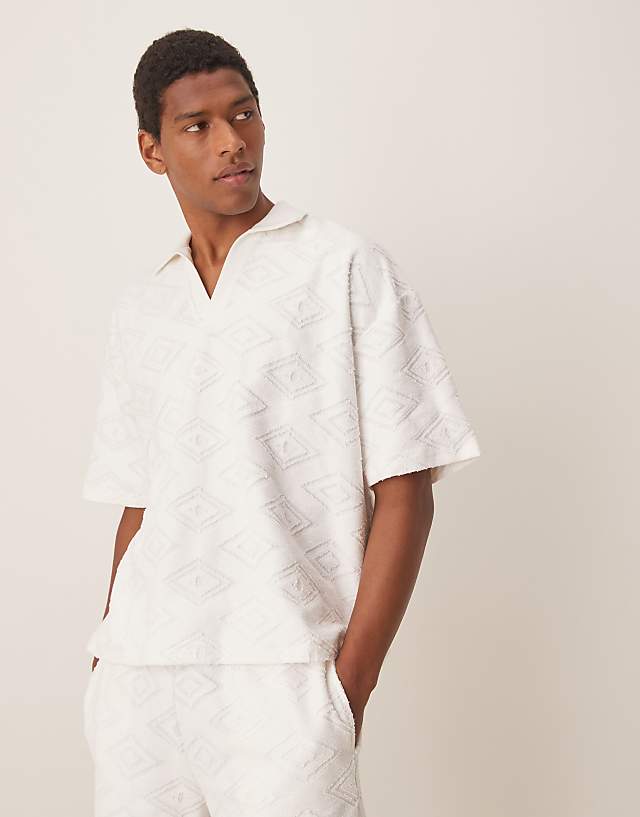 asos ASOS DESIGN co-ord boxy oversized jacquard polo in ecru