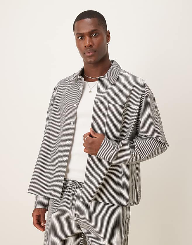 asos ASOS DESIGN co-ord boxy oversized stripe shirt in grey