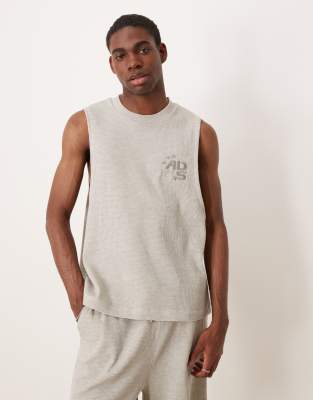 Asos ASOS DESIGN Co-ord Boxy Relaxed Tank With Chest Embroidery & Shorts In Beige Waffle