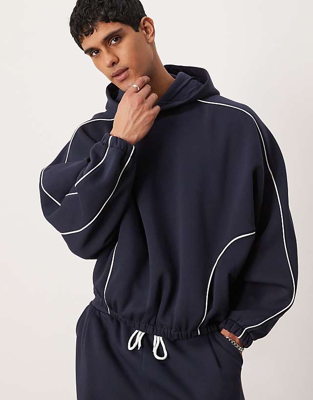 asos ASOS DESIGN co-ord extreme oversized boxy hoodie with piping in navy