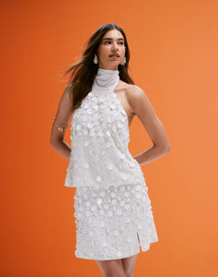 Asos ASOS DESIGN Co-ord Linen Blend Mini Skirt With Faux Shell And Sequin Embellishment In Cream