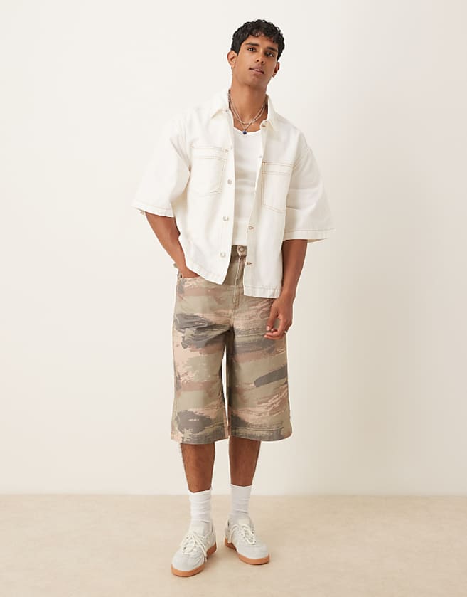 asos ASOS DESIGN co-ord longer length denim shorts in desert camo print