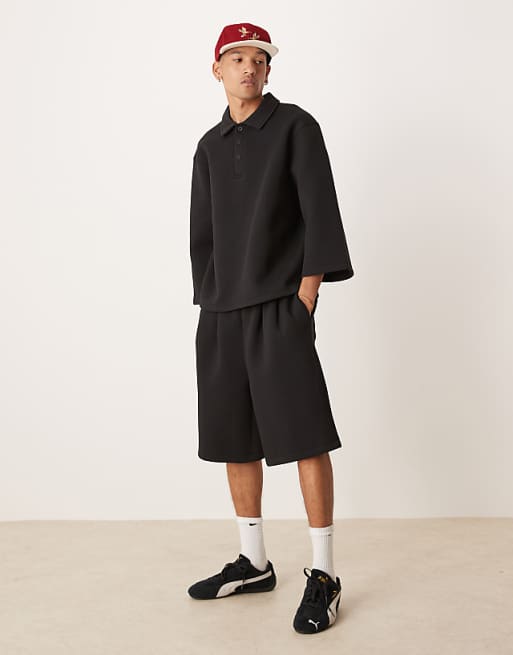 Asos ASOS DESIGN Co-ord Oversized 3/4 Sleeve Scuba Polo Top In Black