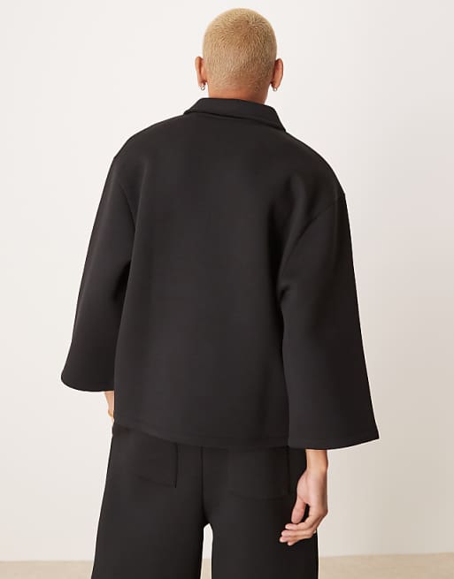 Asos ASOS DESIGN Co-ord Oversized 3/4 Sleeve Scuba Polo Top In Black
