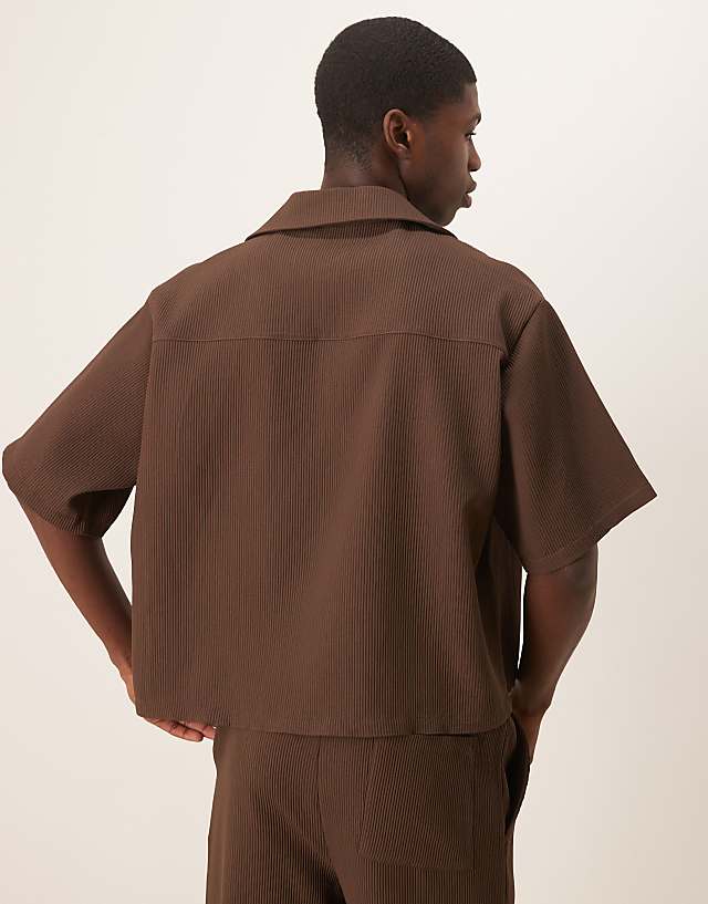 Asos ASOS DESIGN Co-ord Oversized Boxy Plisse Shirt In Brown