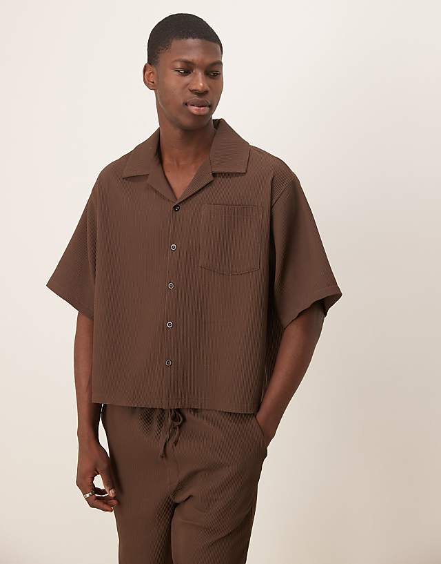 asos ASOS DESIGN co-ord oversized boxy plisse shirt in brown