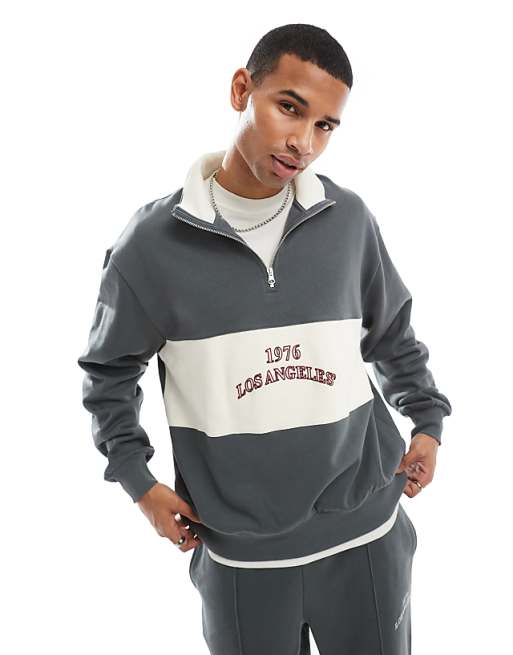 asos ASOS DESIGN co-ord oversized quarter zip sweatshirt with contrast panel in grey
