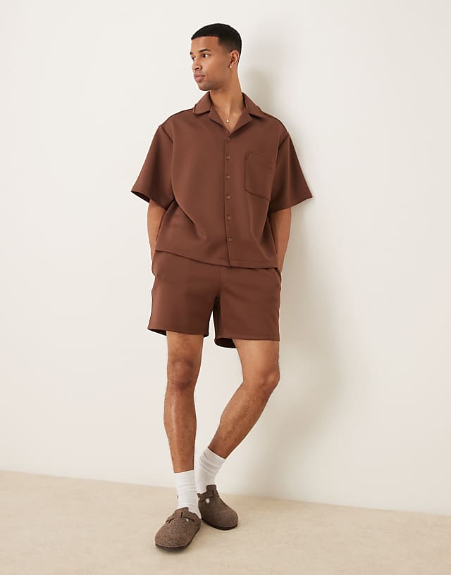 Asos ASOS DESIGN Co-ord Oversized Revere Collar Shirt In Brown Scuba