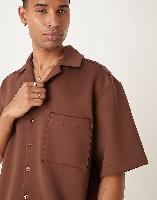 Asos ASOS DESIGN Co-ord Oversized Revere Collar Shirt In Brown Scuba