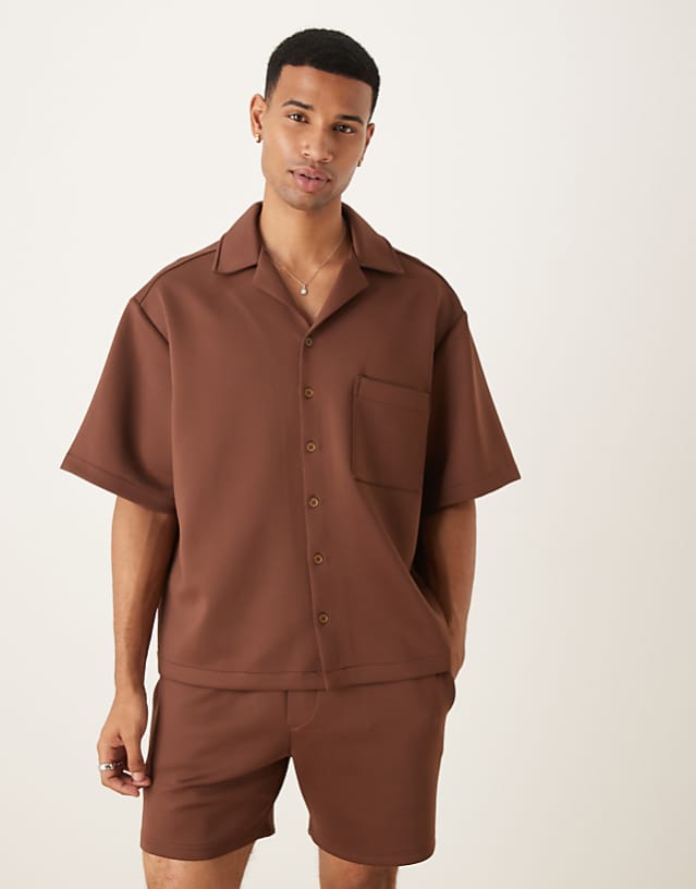 asos ASOS DESIGN co-ord oversized revere collar shirt in brown scuba